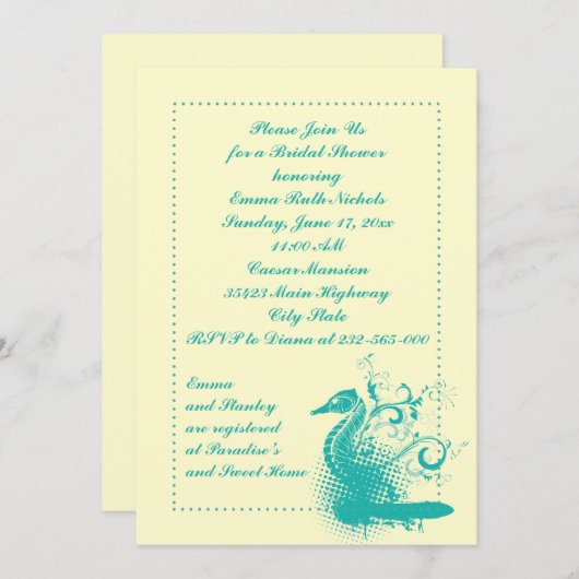 淡海緑の結婚海馬ブライダルシャワー 招待状 (正面/裏面)