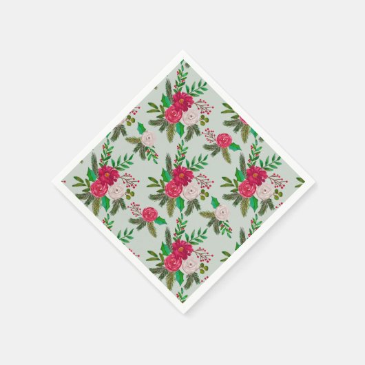 淡緑色に冬の水彩の花の模様 スタンダードカクテルナプキン (角)