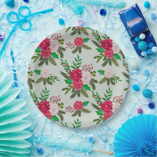 淡緑色に冬の水彩の花の模様 ペーパープレート (パーティー)