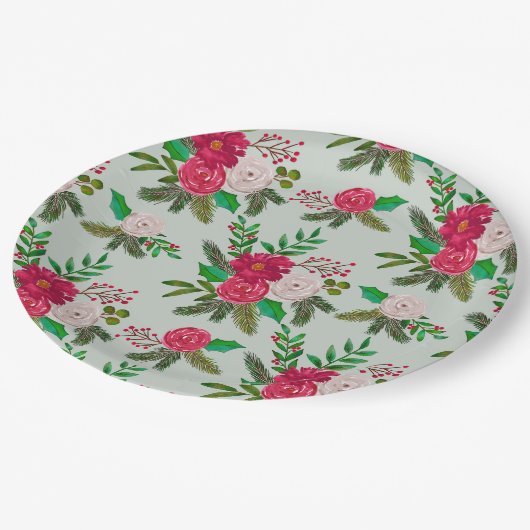 淡緑色に冬の水彩の花の模様 ペーパープレート (アングル)