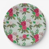 淡緑色に冬の水彩の花の模様 ペーパープレート (正面)