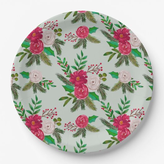 淡緑色に冬の水彩の花の模様 ペーパープレート (正面)