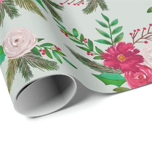 淡緑色に冬の水彩の花の模様 ラッピングペーパー (ロールコーナー)