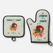 淡緑色予測できな水色トルコ感謝祭 鍋つかみ&鍋敷きセット (正面)