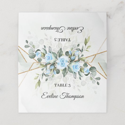 淡青エレガントの花ユーカリと金ゴールド プレイスカード (外部開封)