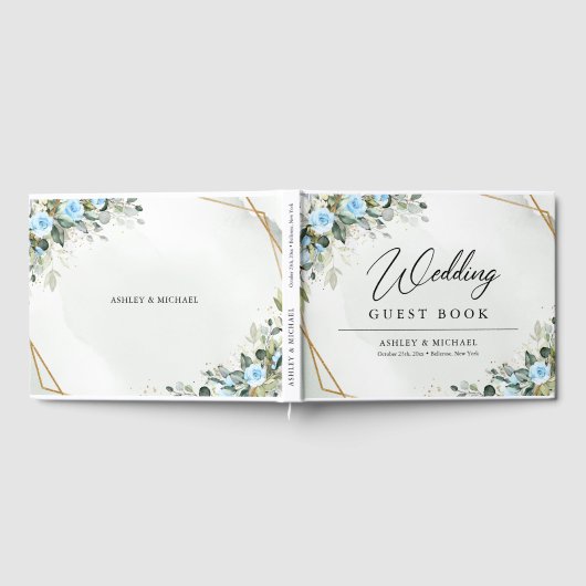 淡青エレガント花ユーカリ金ゴールド結婚ズ ゲストブック (全面)