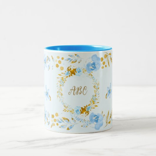 淡青パーソナライズされた水色フローラ金ゴールド ツートーンマグカップ (中央)