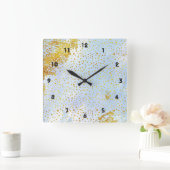 淡青色の水彩及び金ゴールドフォイル紙吹雪 スクエア壁時計 (ホーム)