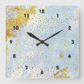 淡青色の水彩及び金ゴールドフォイル紙吹雪 スクエア壁時計 (正面)