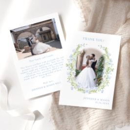 淡青色の水彩花結婚の写真 サンキューカード