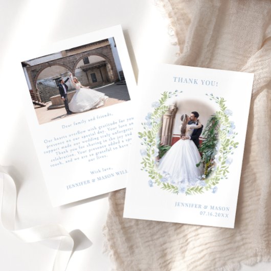 淡青色の水彩花結婚の写真 サンキューカード