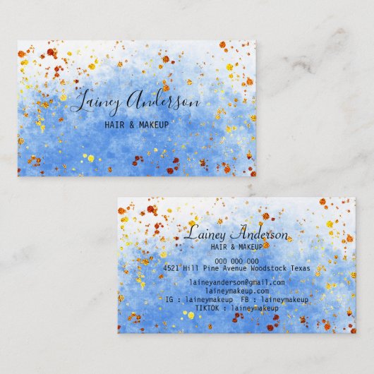 淡青色の水色のフェイク金ゴールド箔グリッター 名刺 (正面/裏面)