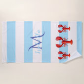 淡青色の白いストライプロブスター名 ビーチタオル (正面)