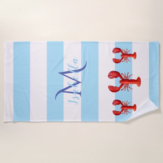 淡青色の白いストライプロブスター名 ビーチタオル (正面)