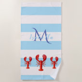 淡青色の白いストライプロブスター名 ビーチタオル (正面)