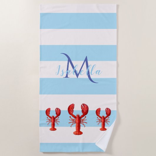 淡青色の白いストライプロブスター名 ビーチタオル (正面)