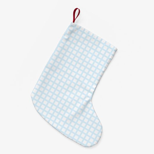 淡青色の白い四角形のグリッドパターン スモールクリスマスストッキング (正面 (吊り時))