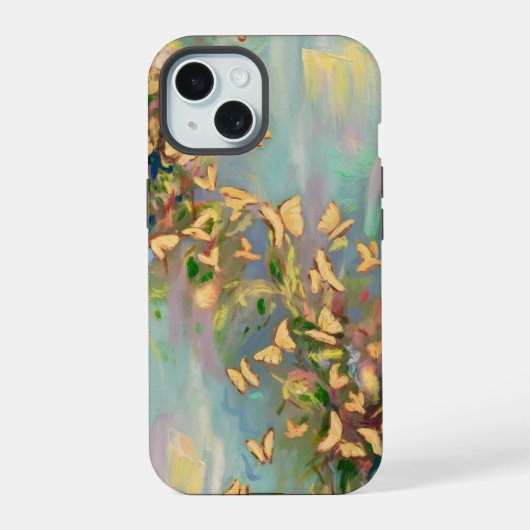 淡青色の背景にブテフライ iPhone 15ケース (裏面)