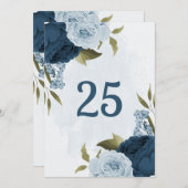 淡青色ネイビーフラワーテーブルナンバーカード 招待状 (正面/裏面)