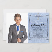 淡青色ホイルの写真の最初聖餐式 招待状 (正面)