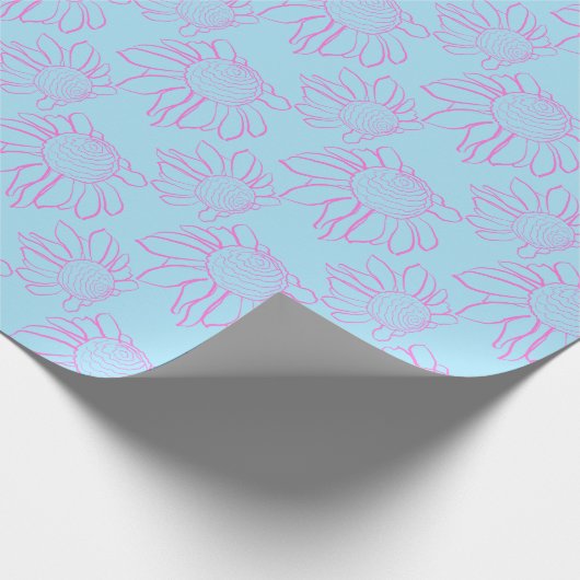 淡青色描のピンクの線花模様 ラッピングペーパー (角)