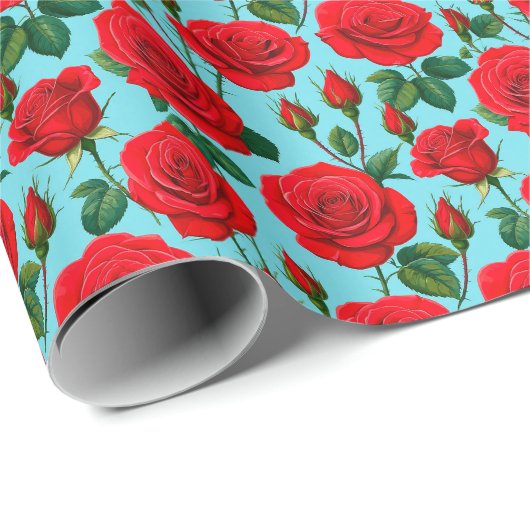 淡鮮やかい青の背景に赤いバラ ラッピングペーパー (ロールコーナー)