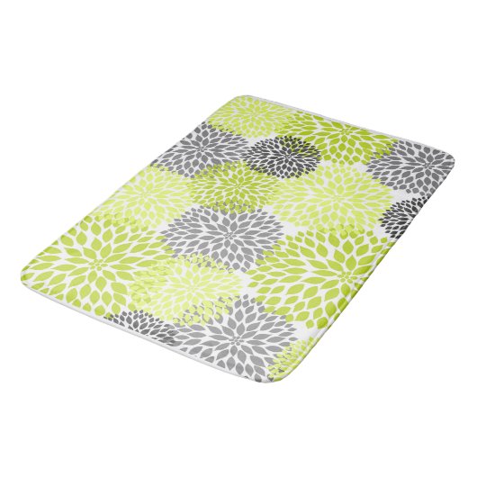 淡黄緑の灰色のダリアの花柄の花の花 バスマット (アングル)