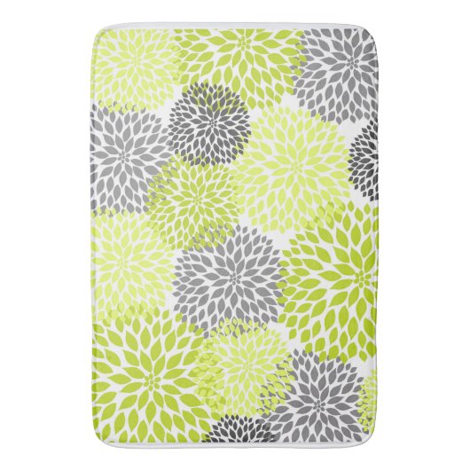 淡黄緑の灰色のダリアの花柄の花の花 バスマット (正面縦)