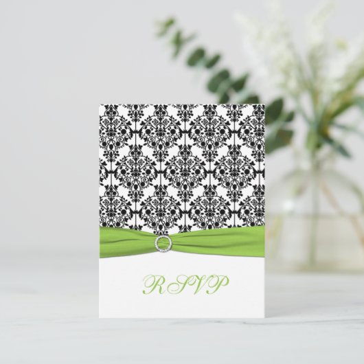 淡黄緑、白く、および黒いダマスク織の応答カード 出欠カード (スタンド正面)