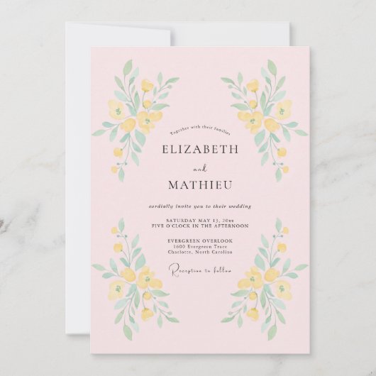 淡黄色の植物が華やぐウェディング 招待状 (正面)