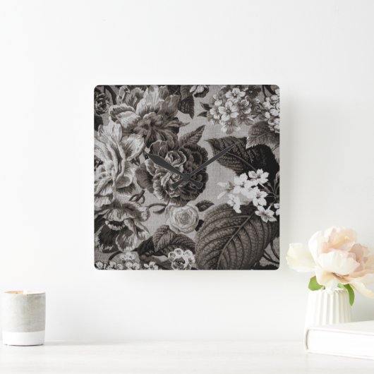 淡黄色の灰色の暗灰色のヴィンテージ花のToile No.1 スクエア壁時計 (ホーム)