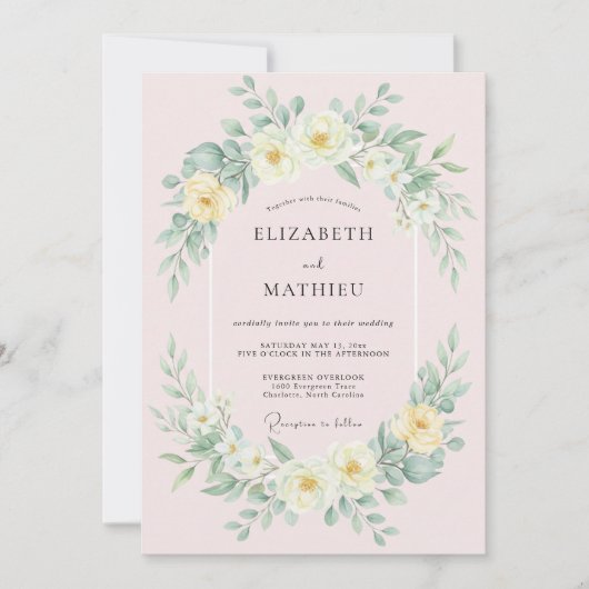 淡黄色の花のガーランド ウェディング 招待状 (正面)