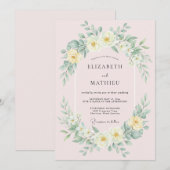 淡黄色の花のガーランド ウェディング 招待状 (正面/裏面)