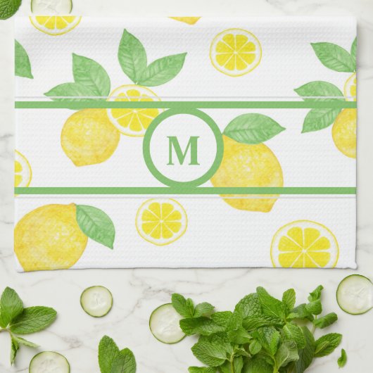 淡黄色レモンの淡黄色パーソナライズされた緑 キッチンタオル (折り畳み)