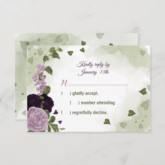 深いかわいらしと薄紫色の花の緑 出欠カード (正面/裏面)