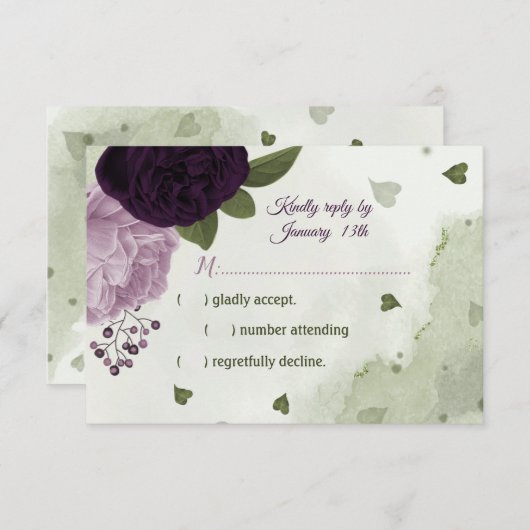 深いかわいらしと薄紫色の花の緑 出欠カード (正面/裏面)