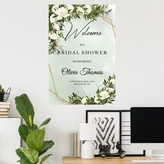 深いの緑の葉の白のバラ金ゴールドブライダルシャワー ポスター (ホームオフィス)