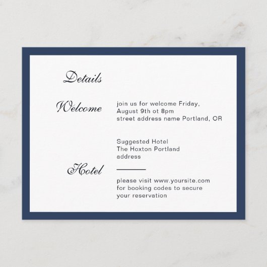 深いの青いフレーム。優雅モダンな結婚式詳細 エンクロージャーカード (正面)