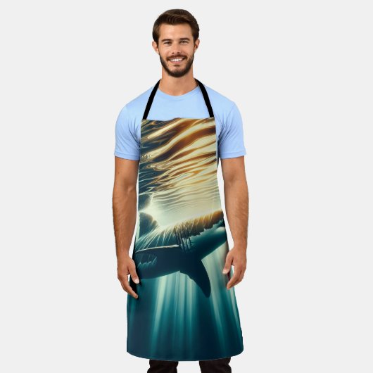 深いの青い海と日光の中でサメ エプロン (着用した状態)