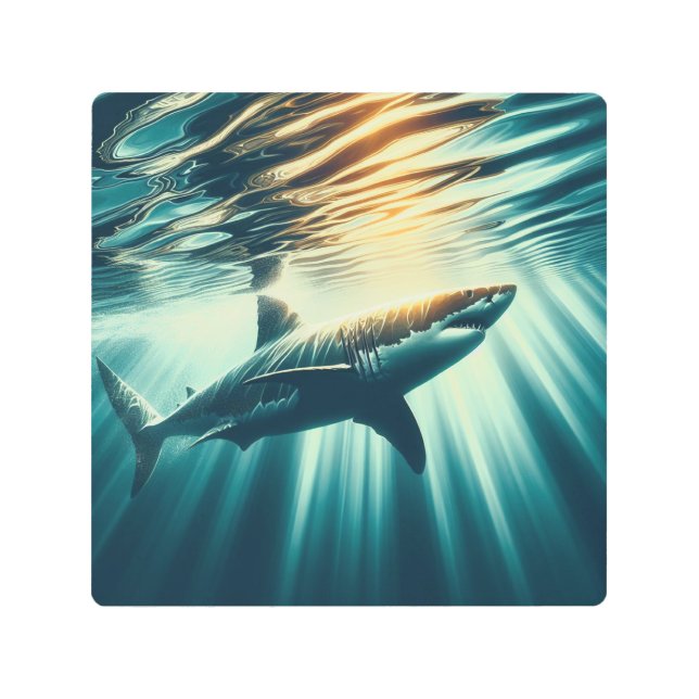 深いの青い海と日光の中でサメ メタルプリント (正面)