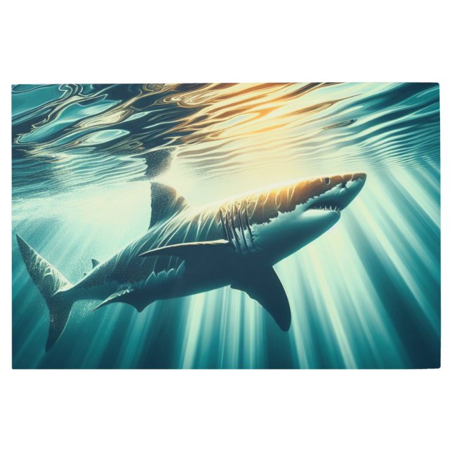 深いの青い海と日光の中でサメ メタルプリント (正面)