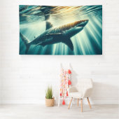 深いの青い海と日光の中でサメ 横断幕 (インサイチュ)
