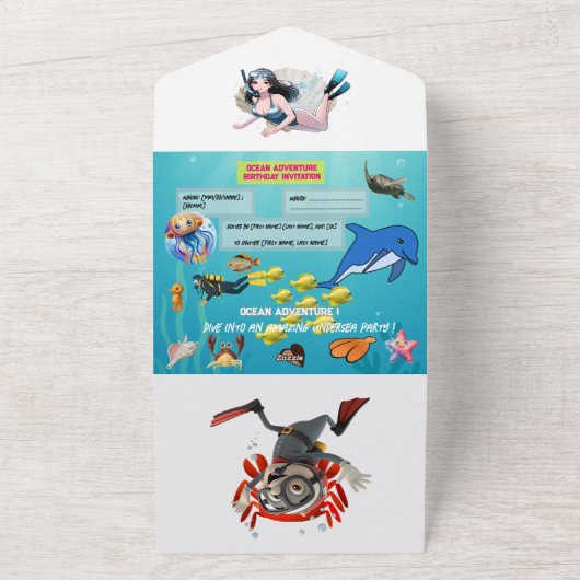深いへのダイビング：海下誕生日の招待。 オールインワン招待状 (外側)