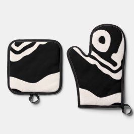 深いへ：抽象芸術ブラック&ホワイト 鍋つかみ&鍋敷きセット