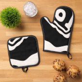 深いへ：抽象芸術ブラック&ホワイト 鍋つかみ&鍋敷きセット (トップダウン)