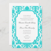 深いアクアウェディングダマスク縁どテンプレート 招待状 (正面/裏面)