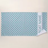 深いアクアジオメトリパターン。カスタムボート名 ビーチタオル (正面)