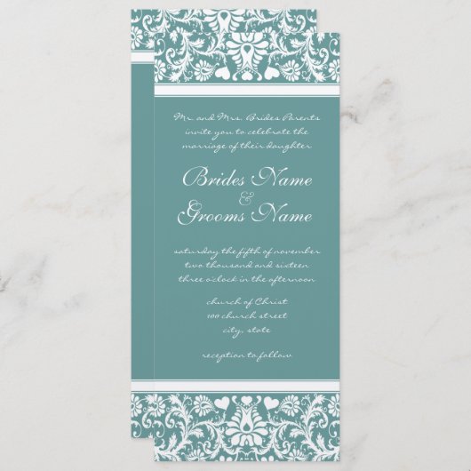深いアクアブルーダマススワーズ結婚式招待状 招待状 (正面/裏面)