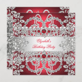 深いエレガントレッドダイアモンズシルバーフローラ誕生日 招待状 (正面/裏面)