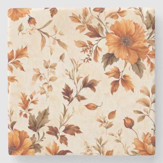 深いオレンジアンバーヴィンテージフローラ秋のパターン ストーンコースター (正面)
